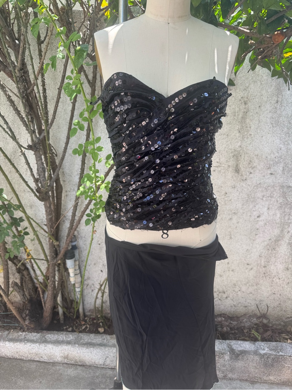 bebe Black Sequin Strapless Ruched Bustier Top Y 2k silk